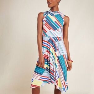 EUC [Maeve] Sleeveless Teal Striped < Cyprus > Swing {Anthro} Midi Dress | Small